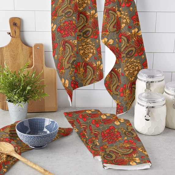 Chinese Dragon Texture Microfiber Towel Absorbent Kitchen Cleaning Cloth Dish Towel Household Cleaning Towel