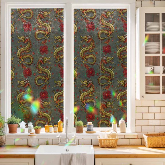 Chinese Dragon Window Privacy Film Retro Red Flower Abstract Gray Background Static Cling Stained Glass Window Film Non-Adhesive Decorative Decals Rainbow Sticker 17.7"X39.3"