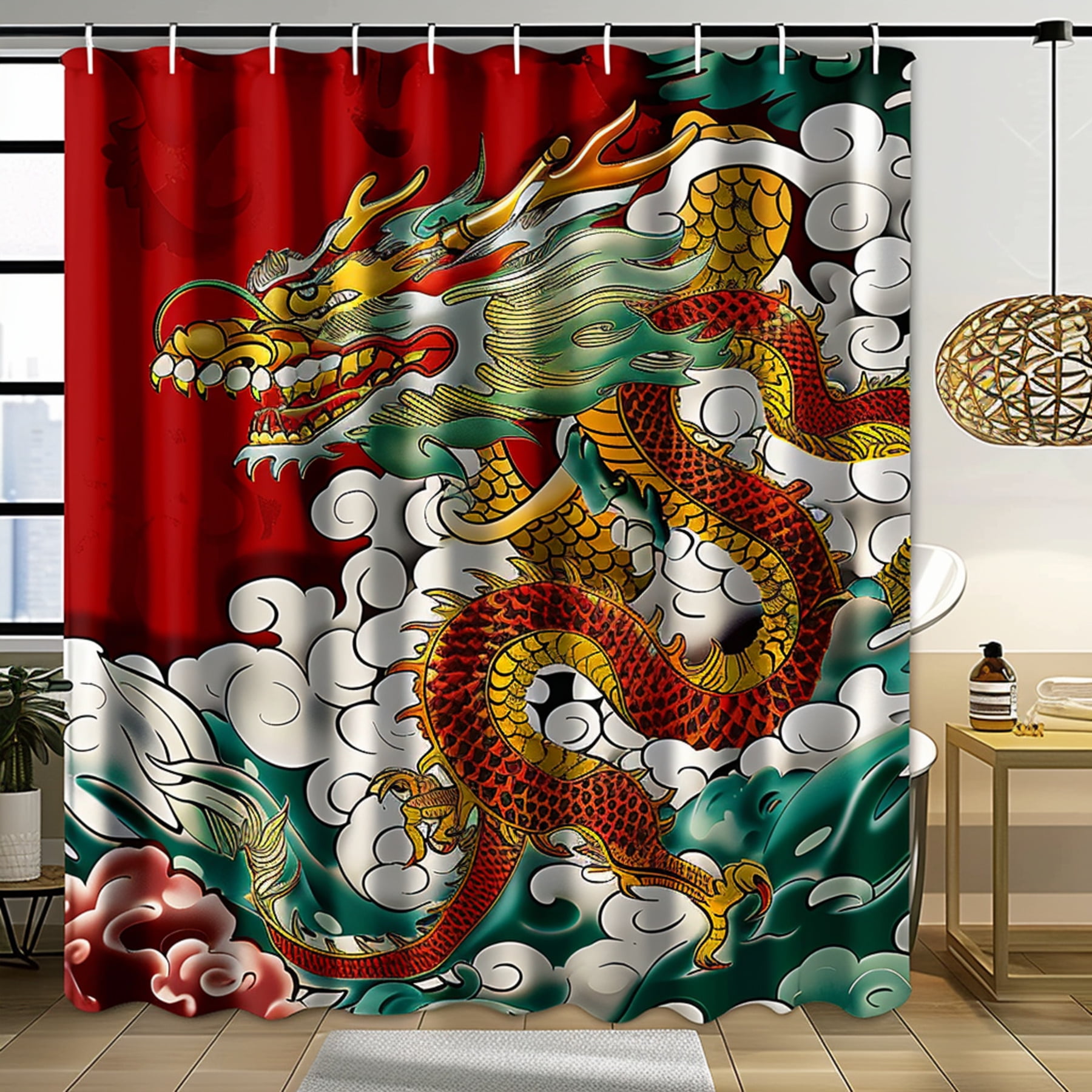 Chinese Dragon and Clouds Anime Style Shower Curtain Colorful Traditional Art Design Print Year