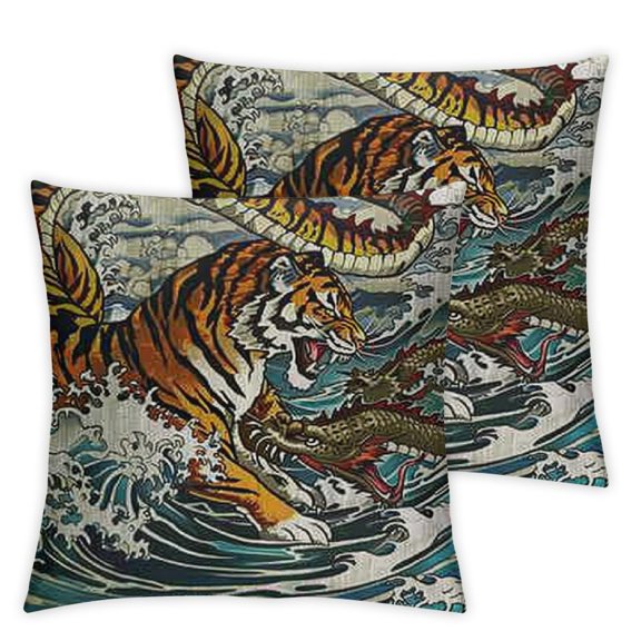 Chinese Dragon and Tiger in The Landscape with Waterfall Throw Pillow Case Cushion Cover Home Office Decorative for Sofa Living Room Square