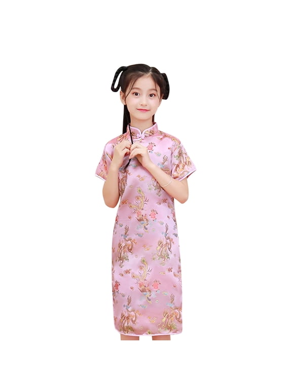 Chinese Dress for Girls 6-8 New Year Clothing Little Girl Chinese Qipao Dresses Floral Short Sleeve Traditional Clothes Birthday Party Outfits Pink 8-10 Years