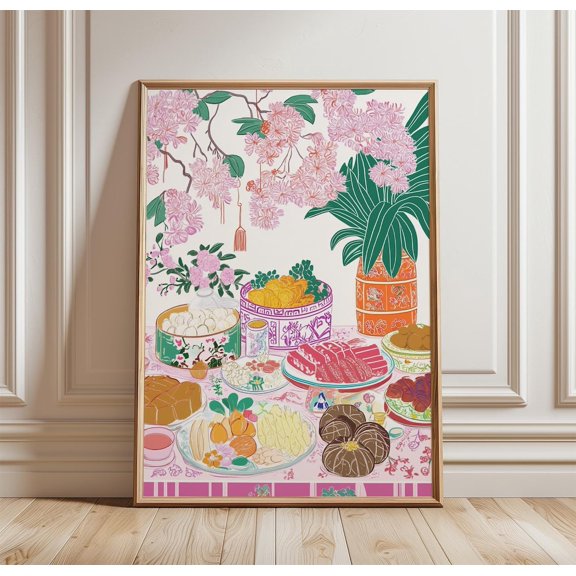 Chinese Feast Asian Food Table Colorful Dining Festive Kitchen Art Unframed Paper Print