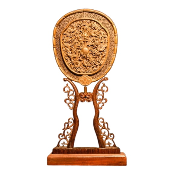 Chinese Figures Statue Carved Wooden Dragon Loong Nine Pearl Screen Oriental Intricate Auspiciousness Fortune Power Nobility