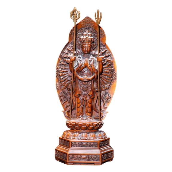 Chinese Figures Statue Wooden Hand Carved Guanyin Sculpture Thousand Arms Buddhist Zen All Embracing Blessing Boundless Mercy