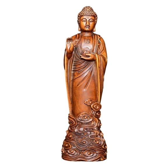 Chinese Figurine Carving Buddha Statue Carved Wooden Standing Decor Peace Blessing Wisdom Compassion Enlightenment Serenity