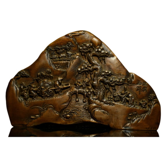 Chinese Figurine Carving Carved Wooden Landscape Figure Screen Oriental Rustic Scene Serenity Peaceful Tranquility Calm Harmony