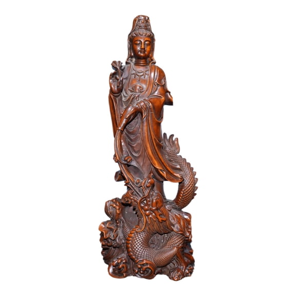 Chinese Figurine Carving Hand Carved Wooden Sculpture Kwan Yin Guanyin Dragon Riding Buddhist Zen Spiritual Divine Protection