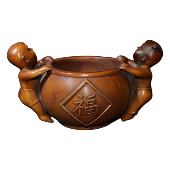 Chinese Figurine Carving Incense Burner Wooden Carved Fertility Blessing Joy Family Harmony Offspring Abundance Bliss Unity Deco