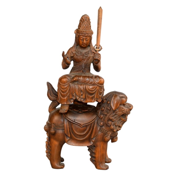 Chinese Figurine Carving Manjushri Buddha Carved Wooden Lion Lotus Enlightenment Insight Clarity Purity Awakening Grace Blessing