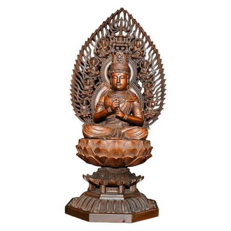 Chinese Figurine Carving Wooden Handcarved Detachable Vairocana Buddha Statue Oriental Flame Halo Lotus Purity Majesty
