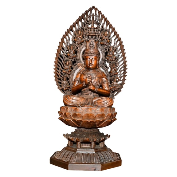 Chinese Figurine Carving Wooden Handcarved Detachable Vairocana Buddha Statue Oriental Flame Halo Lotus Purity Majesty