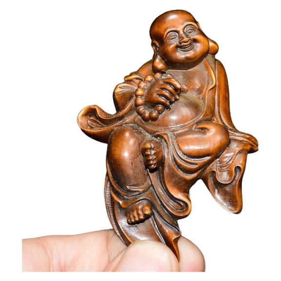 Chinese Figurine Carving Wooden Laughing Buddha Handheld Pocket Portable Budai Joy Harmony Tolerance Blessing Serenity