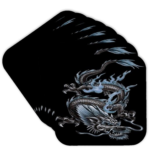 3drose, Chinese Fire Dragon in Classic Blue and Grey, Set of 8 Coasters - Soft