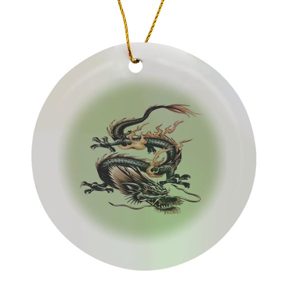 3drose, Chinese Fire Dragon in Light Gray and Caramel Yellow, Circle Porcelain Ornament