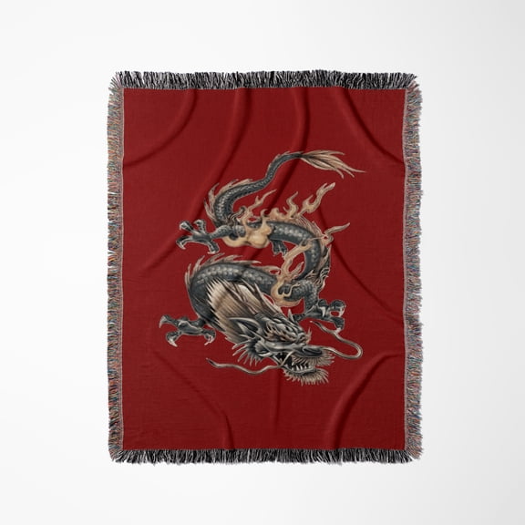 Chinese Fire Dragon In Light Gray And Caramel Yellow, Woven Blanket