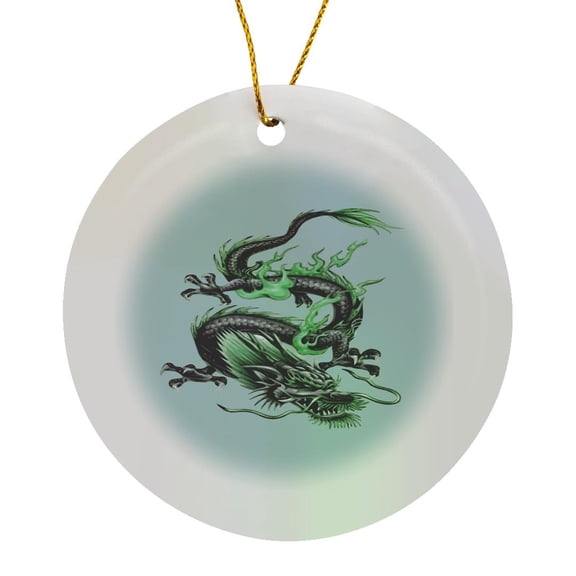 3drose, Chinese Fire Dragon in Light Gray and Viridian Green, Circle Porcelain Ornament