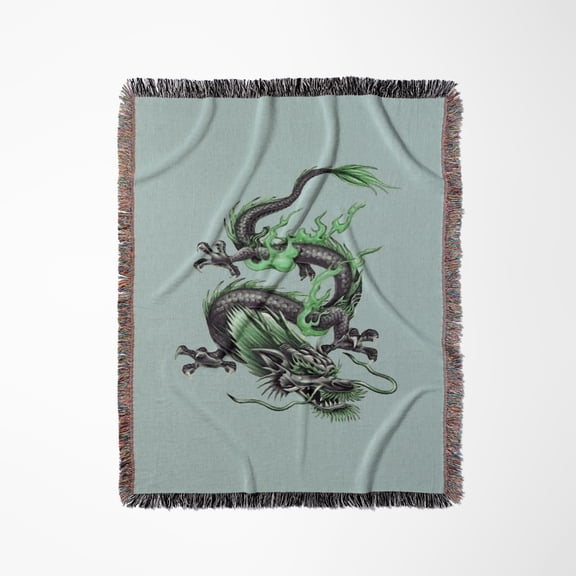 Chinese Fire Dragon In Light Gray And Viridian Green, Woven Blanket