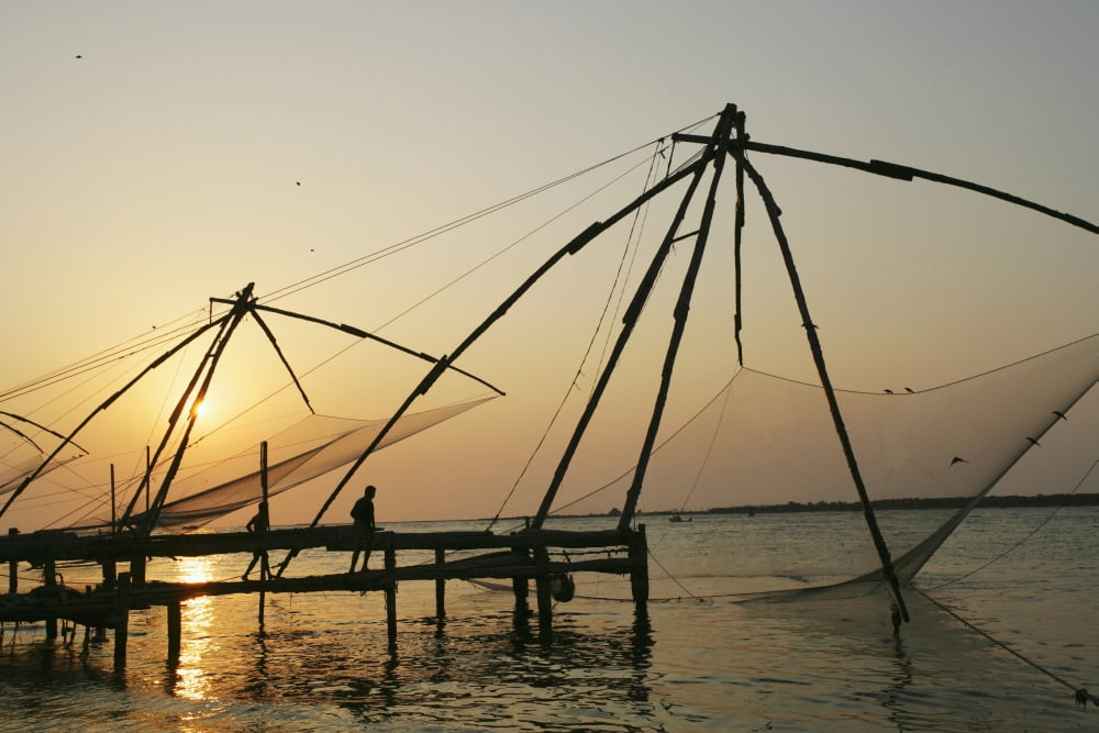 Chinese Fishing Nets Hanging In The Water At Sunset Fort Kochi Canvas Art - Chris Caldicott Design Pics (19 x 12)