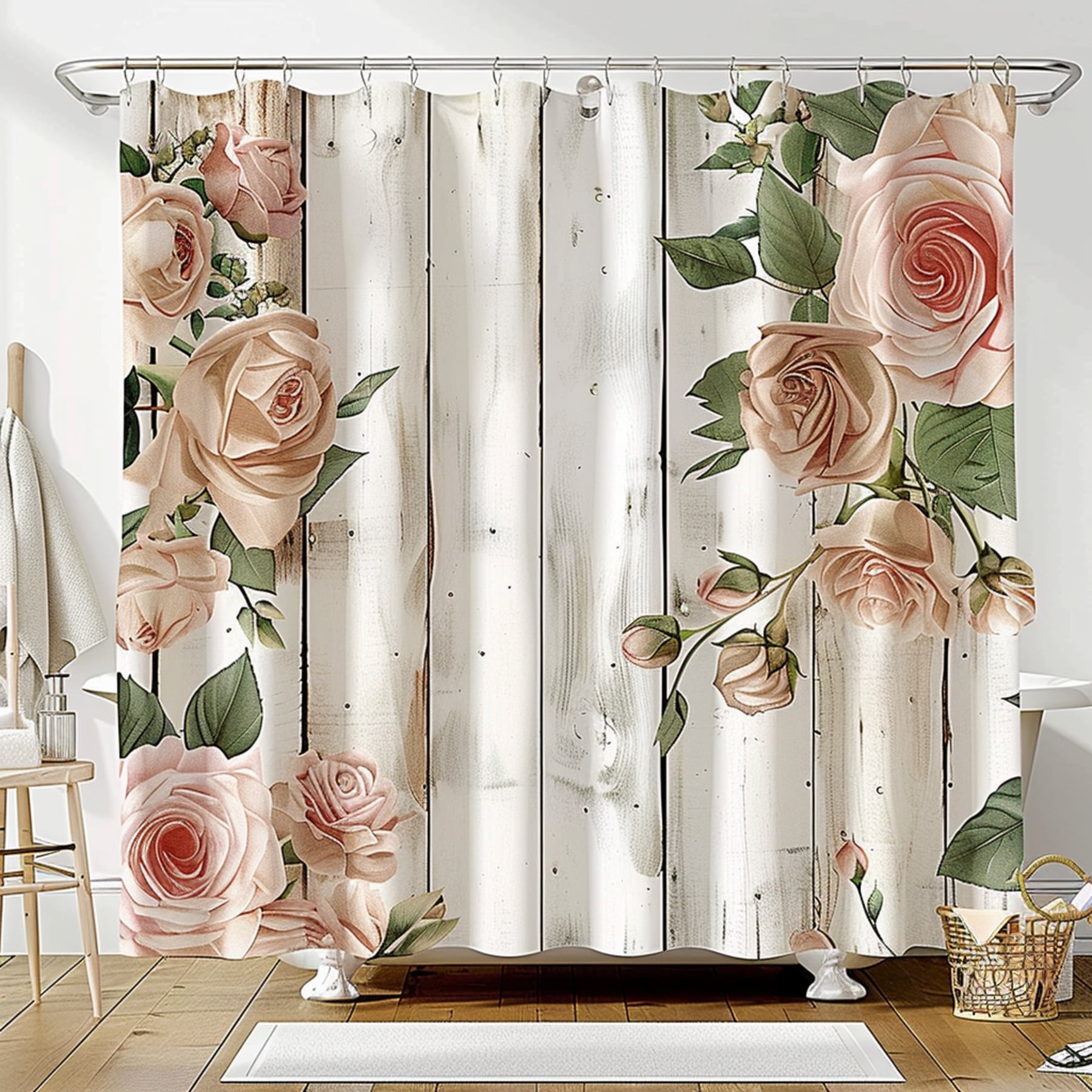 Chinese Floral Rose Shower Curtain with Wooden Bathroom Curtains Light