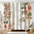 Chinese Floral Rose Shower Curtain with Wooden Bathroom Curtains Light
