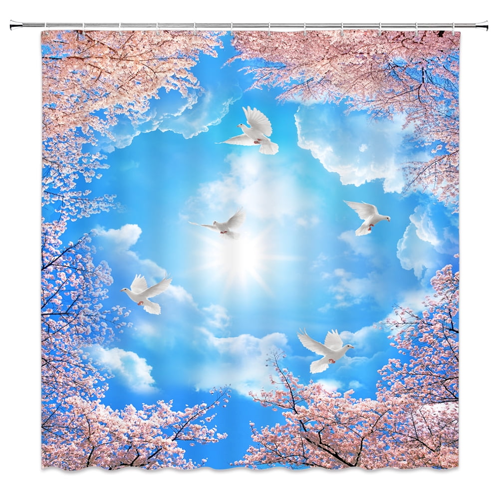 Chinese Flower Shower Curtains Set Printing Waterproof Polyester Leaves ...