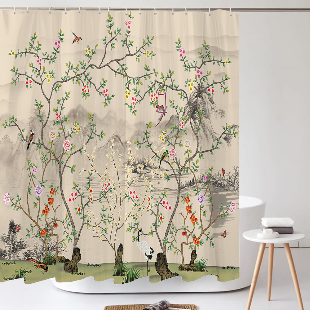 Chinese Flower Shower Curtains Set Printing Waterproof Polyester Leaves ...