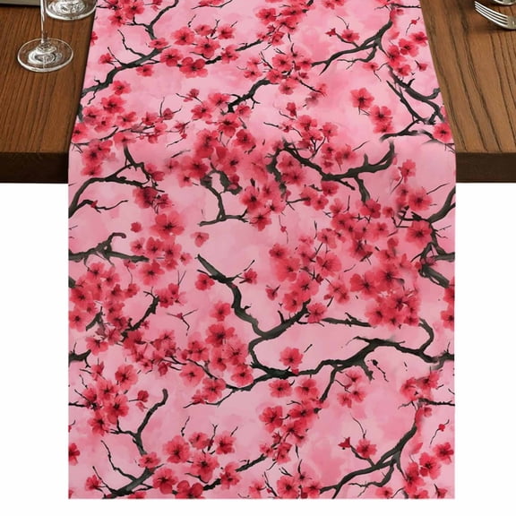 Chinese Flowers Burlap Cotton Table Runner 13x70 Inches Long, Spring Pink Peach Blossoms Floral Farmhouse Table Runners, Outdoor Dining Tablecloths Decor for Baby Shower/Party/Wedding