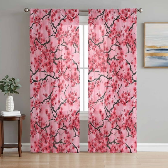 Chinese Flowers Sheer Curtains 96 Inch Length 2 Panels Set Window Treatments, Spring Pink Peach Blossoms Floral Rod Pocket Semi Curtains for Living Room/Bedroom/Kitchen Décor, 104"W x 96"L