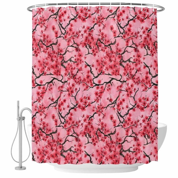 Chinese Flowers Shower Curtain, Waterproof Shower Curtains for Bathroom, Spring Pink Peach Blossoms Floral Washable Fabric Bathtub Curtain Set Bath Decor with 12 Hooks 72"x78"