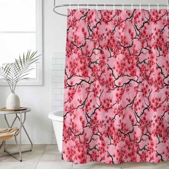 Chinese Flowers Small Stall Shower Curtain, Waterproof Shower Curtains for Bathroom, Spring Pink Peach Blossoms Floral Washable Fabric Bath Curtain for Bathtub Decoration with Hooks 36x78 Inches