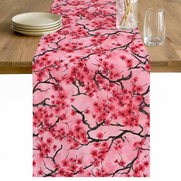 Chinese Flowers Table Runner - 48 Inch Long Spring Pink Peach Blossoms Floral Cotton and Linen Blended Dress Scarves Farmhouse Table Runner for Kitchen Dining, Coffee Table, 13" x 48"