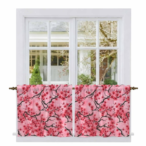 Chinese Flowers Tier Curtains 24 Inch Length, Spring Pink Peach Blossoms Floral Cafe Short Curtains for Bathroom Over Sink, Small Kitchen Curtain Light Filtering Tiered Drapes 2 Panels 27.5"Wx24"L