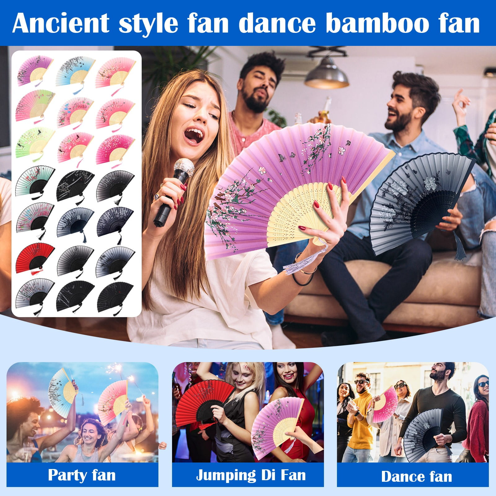Chinese Folding Fan with Bamboo Ribs and Floral Print, 1 Pack, Light ...