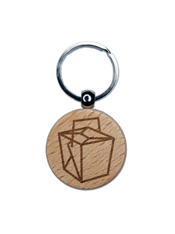 Chinese Food Take Out Box Closed Round Keychain Charm Tag - Engraved Wood