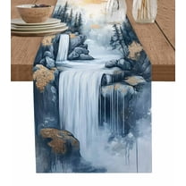 Chinese Forest Table Runner-Cotton Linen- 108 Inch Holiday Dresser Scarves, Waterfall Nature Tree Rock Scenery Tablerunner for Kitchen Coffee/Dining Bedroom Home Living Room Dinner Scarf Décor 13x108