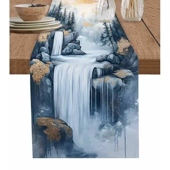 Chinese Forest Table Runner-Cotton Linen- 36 Inch Holiday Dresser Scarves, Waterfall Nature Tree Rock Scenery Tablerunner for Kitchen Coffee/Dining Bedroom Home Living Room Dinner Scarf Décor 13x36