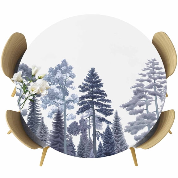 Chinese Forests Tree Round Tablecloth 36-44 Inch Round Fitted Table Cloth with Elastic Edge, Nature Scenery Pine Maple Trees Waterproof Table Cover Protector for Outdoor Picnic Party Dining