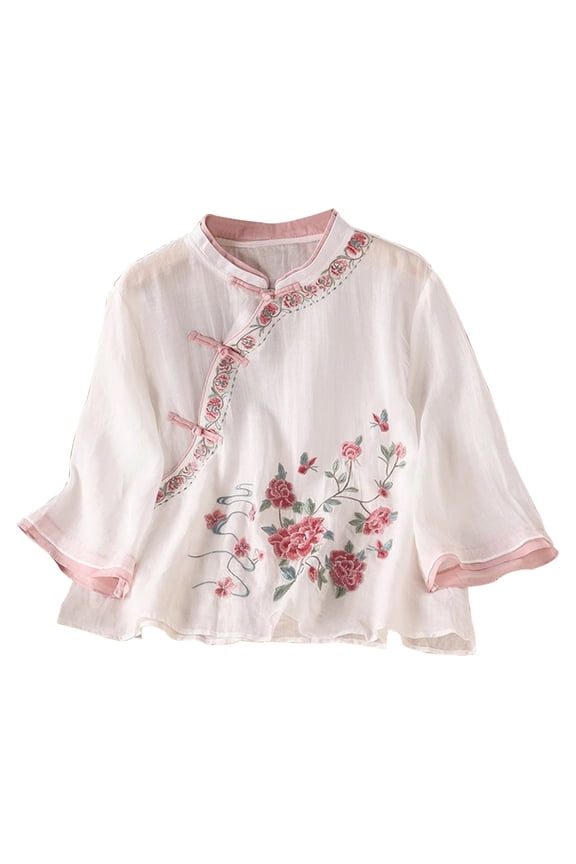 Chinese Frog Casual Blouses Oversized Linen Shirts For Women Gauze Shirts Cotton Boho Tops Womens Gauze Tops Cotton Tunic Blouses For Women Womens Summer Tops Gauze Popover Tops For Women