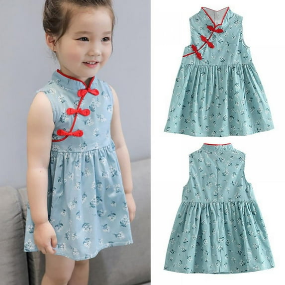 Chinese Girls Dress Flower Print Qipao Sleeveless Cheongsam Dresses Princess Birthday Party Costume 1-6 Years