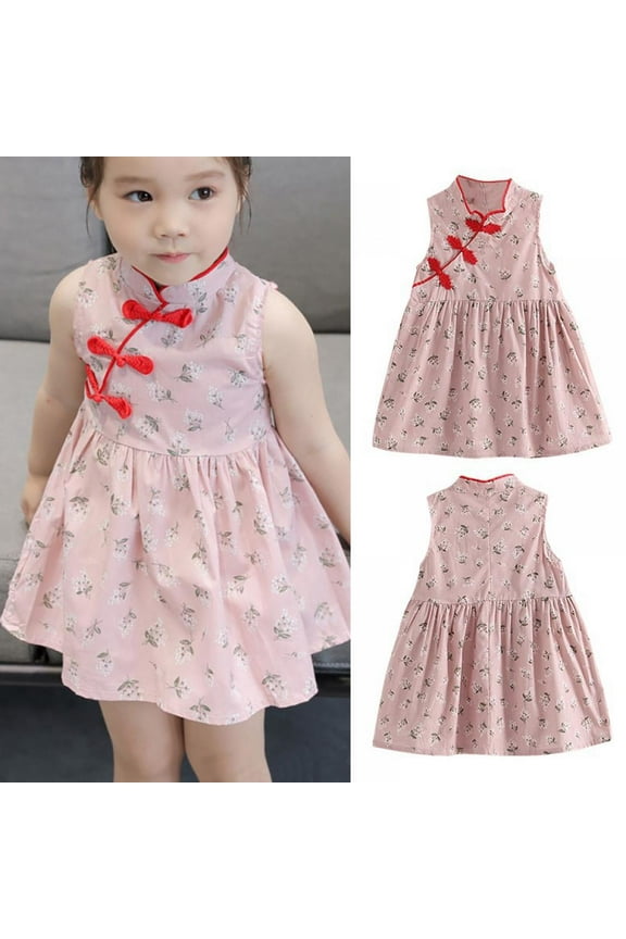 Chinese Girls Dress Flower Print Qipao Sleeveless Cheongsam Dresses Princess Birthday Party Costume 1-6 Years