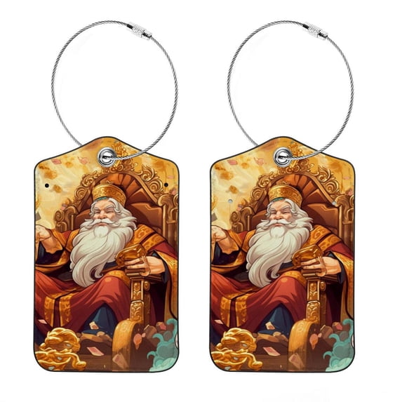 Chinese God of Wealth Square PU Leather Luggage Tags - 2 Pack with Privacy Cover and Stainless Steel Ring - Suitable for Travel, Backpack, Handbag - Suitcase Tags, Travel Tag