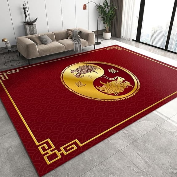 Chinese Golden Dragon Area Rug, Chinese Style Traditional Red Non Slip Large Area Rugs, Stain Resistant Durable Carpet For Indoor Living Room Bedroom Office Decor Mat 1x2ft