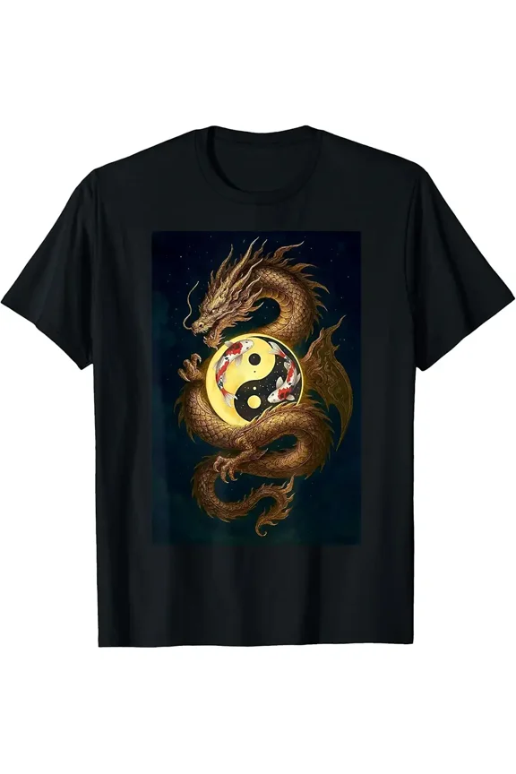 Chinese Golden Dragon Yin Yang Koi Fish Unisex Short Sleeve Graphic T-Shirt