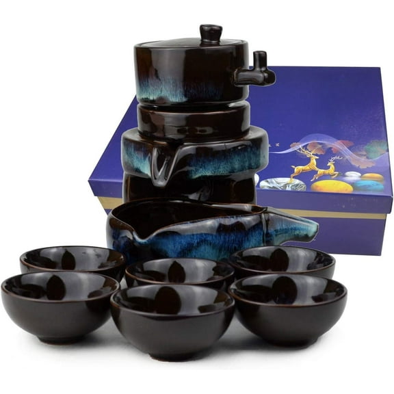 Chinese Gongfu Tea Gift Set, Service Automatic Stone-Mill Design Handmade Ceramics Tea Pot 6 Cups Japanese Kung Fu Tea for Adults Men Women Tea Ceremony Party Home Office Decor (colorfuly)