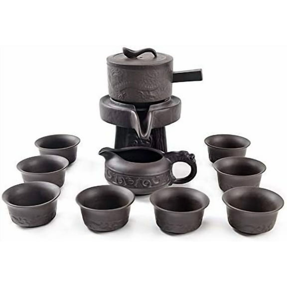 Chinese Gongfu Tea Gift Set, Service Automatic Stone-Mill Design Handmade Ceramics Tea Pot 8 Cups Japanese Kung Fu Tea for Adults Men Women Tea Ceremony Party Home Office Decor (brown)