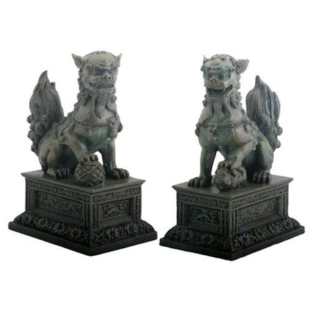 YTC Summit International, Inc. Pair of Chinese Lions Stone Guardian Statue on Engraved Base Figurines Set of 2