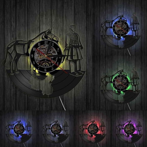 Chinese Guide the Emperor to the Next Life Vintage Art Wall Clock Xian Chinese Terracotta Warriors Horse Vinyl Record Wall Clock With LED