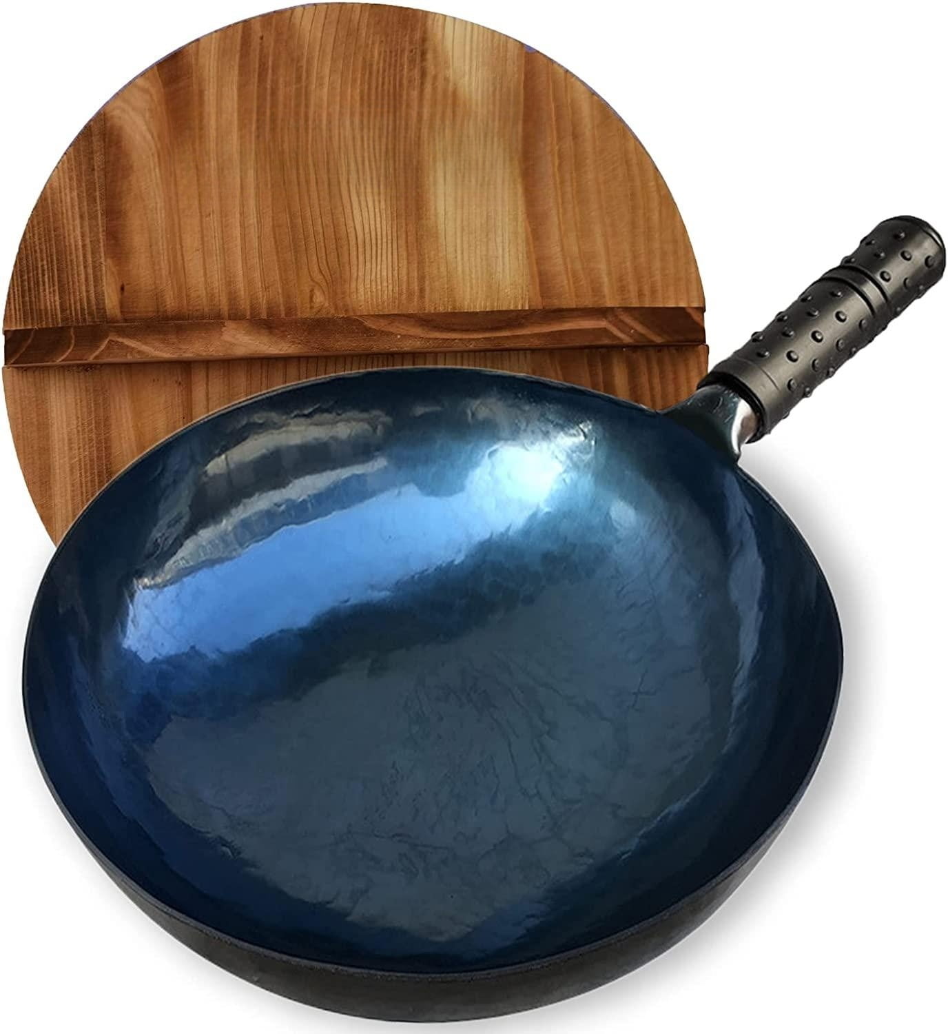 Chinese Hand Hammered Iron Woks Set, NonStick No Coating Preseasoned Wok Blue Round Bottom Wok