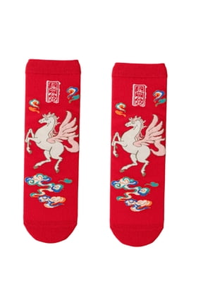 Chinese Horse Year Fortunes Theme Middle Calf Cotton Socks Matching Pair For Couples Breathable Winter Footwear
