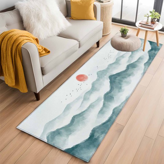 Chinese Ink 2'x6' Runner Rugs for Hallway Kitchen Bedside Non Slip Washable, Abstract Art Mountain Red Sun Entryway Rug Runners with Rubber Backing, Long Carpet Runner for Laundry Room
